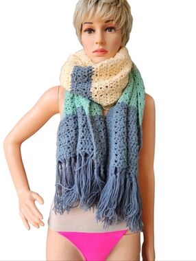 Handmade Colorblock Crochet Scarf Long Fringe Boho Oblong Wrap 62"x19"